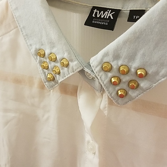 Sheer Button Up White and Denim Shirt with Studs - Picture 2 of 4